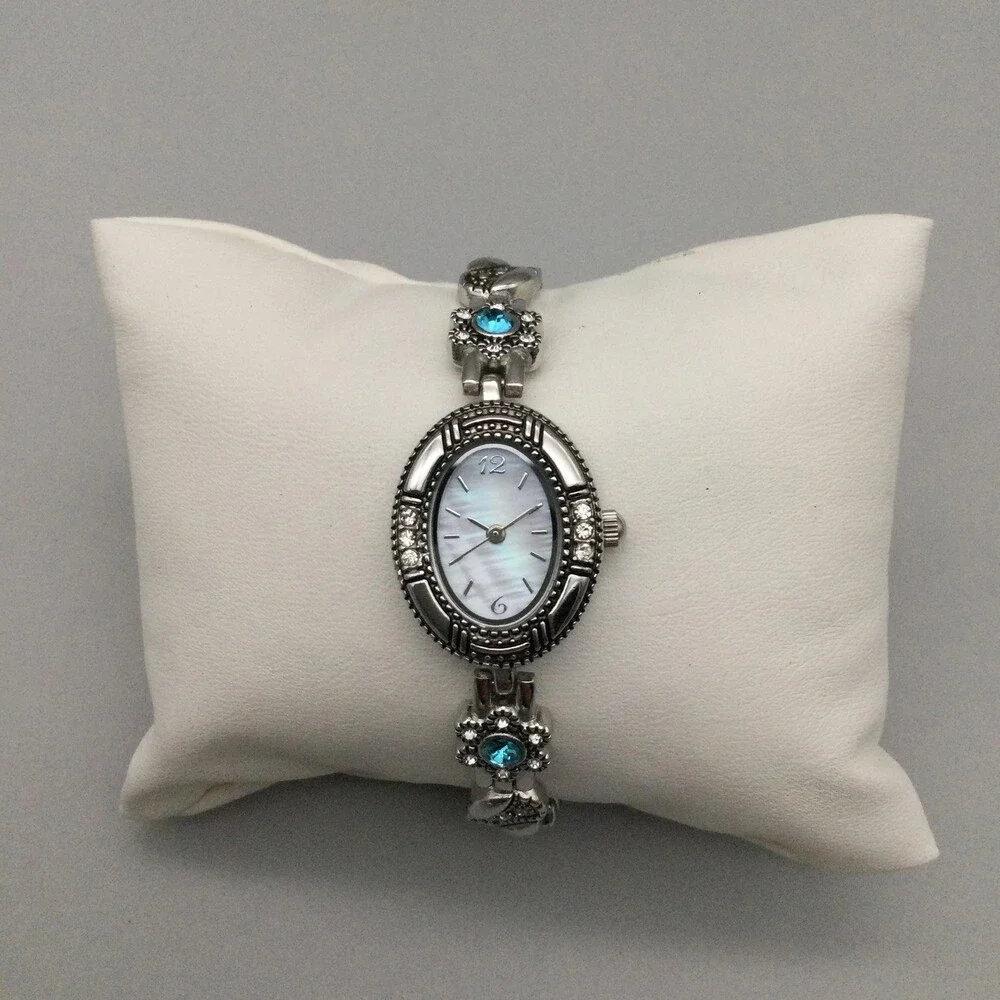 Womens Watch 19mm Silver Tone Oval White MOP Bracelet Gemmed New Battery 7.75